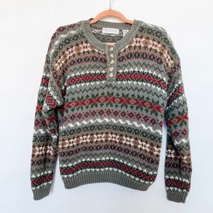 VTG Carolyn Taylor Womens Sweater Size L Green Fair Isle Knit 90s Cozy‎ Holiday